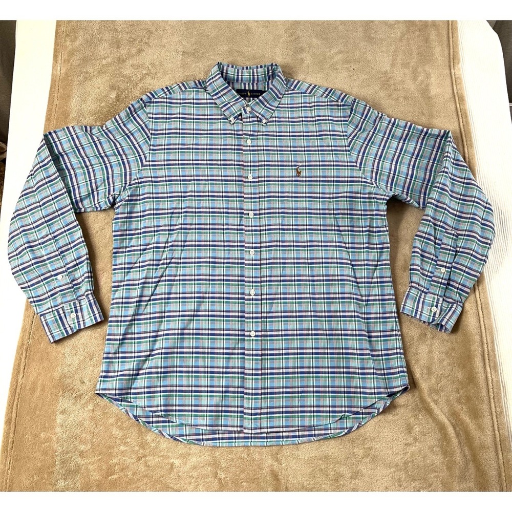 Ralph Lauren Button‎ Down Shirt Men's XL Plaid Green Cotton Long Sleeve Pony EUC